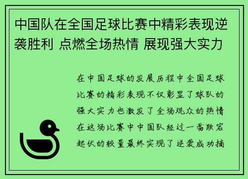 中国队在全国足球比赛中精彩表现逆袭胜利 点燃全场热情 展现强大实力
