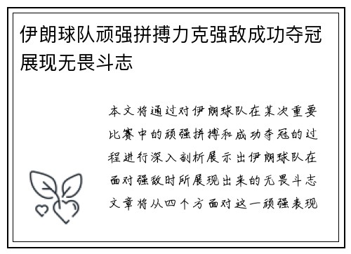 伊朗球队顽强拼搏力克强敌成功夺冠展现无畏斗志