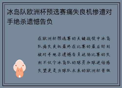 冰岛队欧洲杯预选赛痛失良机惨遭对手绝杀遗憾告负
