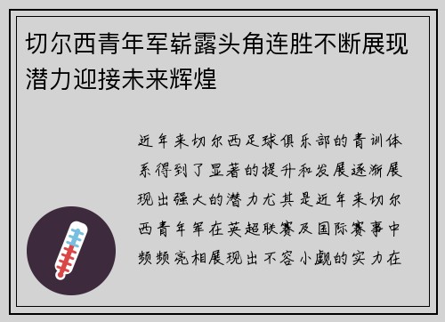 切尔西青年军崭露头角连胜不断展现潜力迎接未来辉煌